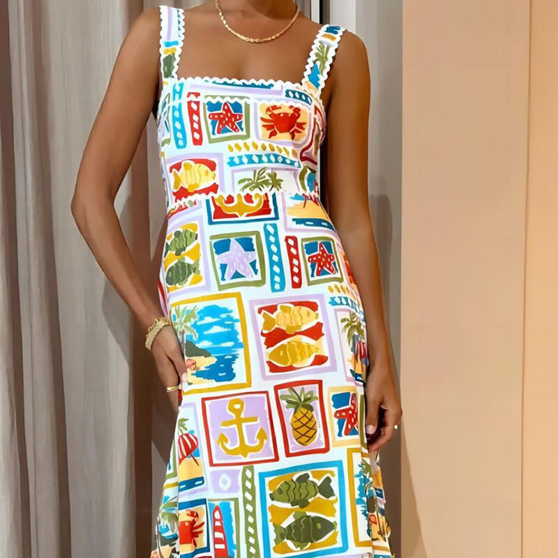 Vintažinio spausdinimo maksi suknelė moteriška vasarinė elegantiška berankove Boho klostuotos suknelės madingi gatvės drabužiai Šventiniai paplūdimio vakarėliai ilgi chalatai