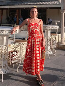 Rochie pliată cu imprimeu roșu alb la modă pentru femei Rochii largi, fără mâneci, fără spate, pentru femei, vara 2024, noua haină de plajă pentru doamnă