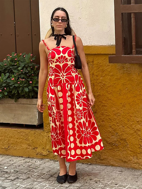 Rochie pliată cu imprimeu roșu alb la modă pentru femei Rochii largi, fără mâneci, fără spate, pentru femei, vara 2024, noua haină de plajă pentru doamnă