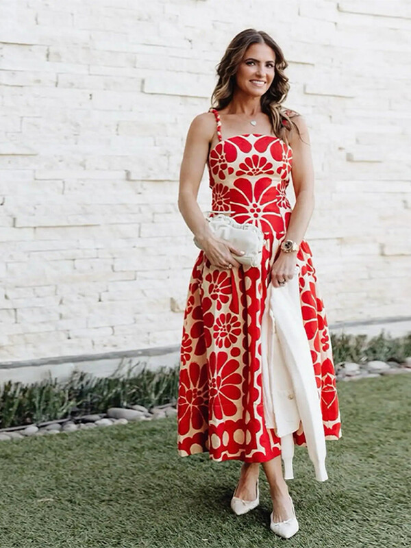 Rochie pliată cu imprimeu roșu alb la modă pentru femei Rochii largi, fără mâneci, fără spate, pentru femei, vara 2024, noua haină de plajă pentru doamnă