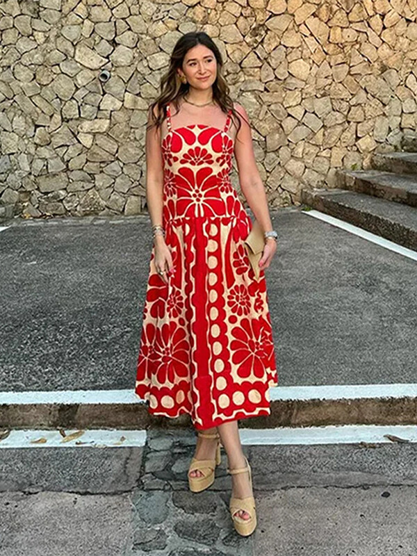 Rochie pliată cu imprimeu roșu alb la modă pentru femei Rochii largi, fără mâneci, fără spate, pentru femei, vara 2024, noua haină de plajă pentru doamnă