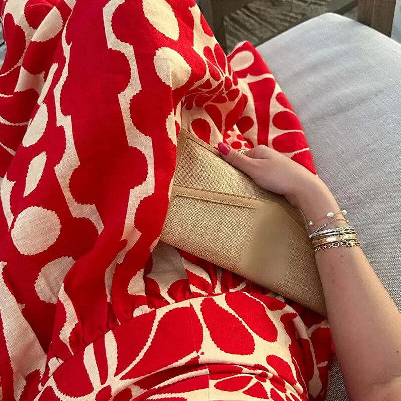 Rochie pliată cu imprimeu roșu alb la modă pentru femei Rochii largi, fără mâneci, fără spate, pentru femei, vara 2024, noua haină de plajă pentru doamnă