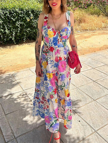 TRAF Floral Slip Μακρύ Φόρεμα Γυναικείο Αμάνικο Καλοκαιρινό Φόρεμα Γυναικείο 2024 Ruched εξώπλατα φορέματα πάρτι Φορέματα για διακοπές στην παραλία