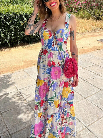 TRAF Floral Slip Μακρύ Φόρεμα Γυναικείο Αμάνικο Καλοκαιρινό Φόρεμα Γυναικείο 2024 Ruched εξώπλατα φορέματα πάρτι Φορέματα για διακοπές στην παραλία