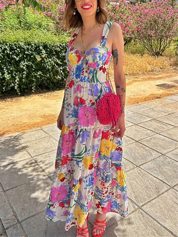 TRAF Floral Slip Μακρύ Φόρεμα Γυναικείο Αμάνικο Καλοκαιρινό Φόρεμα Γυναικείο 2024 Ruched εξώπλατα φορέματα πάρτι Φορέματα για διακοπές στην παραλία