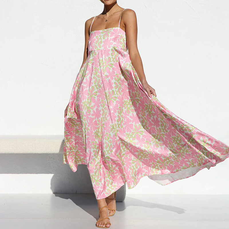 Rochie elegantă de plajă cu talie înaltă cu gât tăiat Rochie cu bretele spaghetti de vară 2024 Rochie lungă plisată cu imprimeu floral