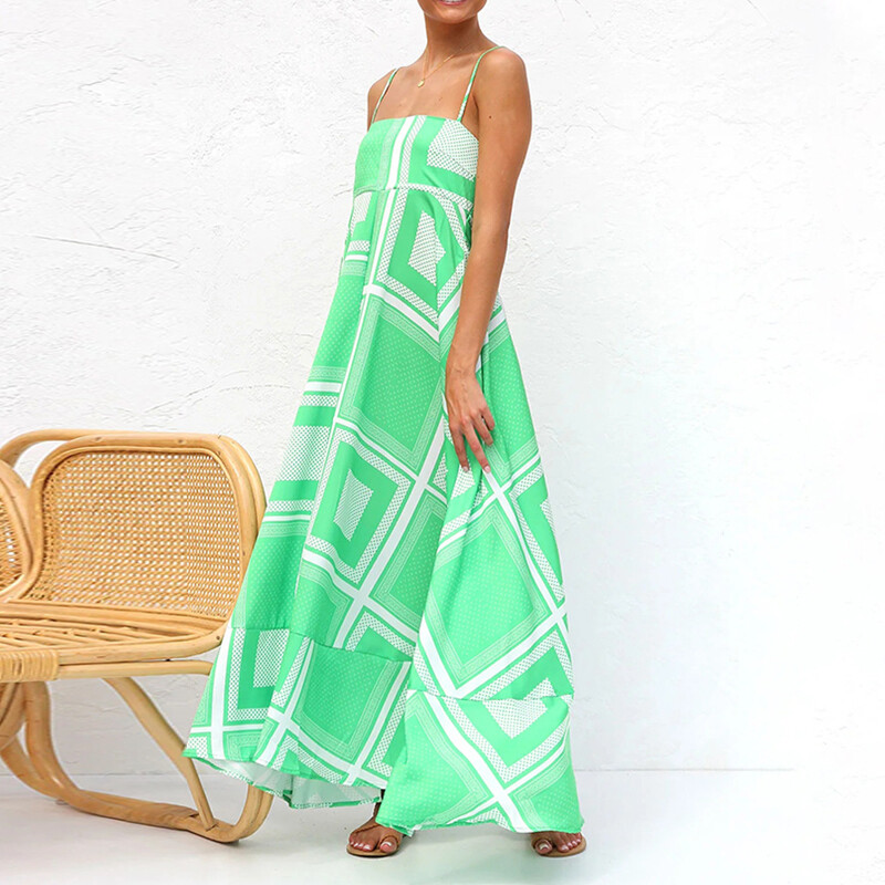 Rochie elegantă de plajă cu talie înaltă cu gât tăiat Rochie cu bretele spaghetti de vară 2024 Rochie lungă plisată cu imprimeu floral
