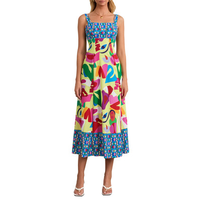 Naiste Boho pikk kleit Boheemlasmustriga varrukateta kandiline kaelus A-kujuline kleit pidulikule puhkusele lendlev rannakleit