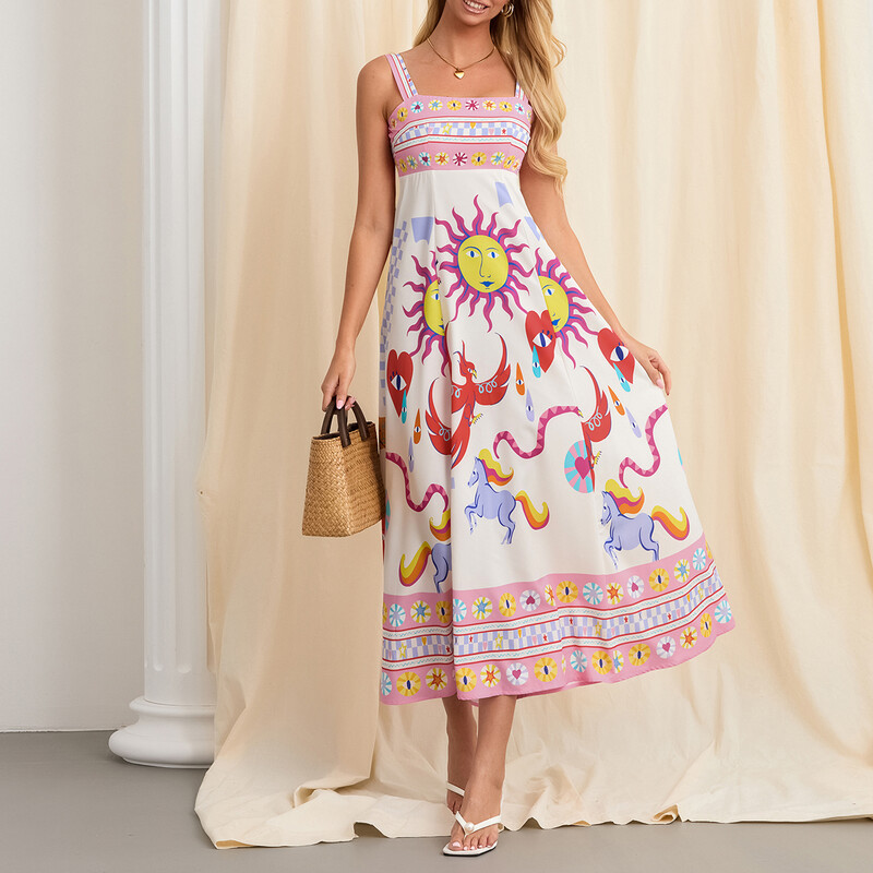 Naiste Boho pikk kleit Boheemlasmustriga varrukateta kandiline kaelus A-kujuline kleit pidulikule puhkusele lendlev rannakleit