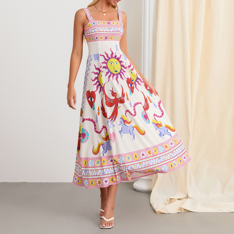 Naiste Boho pikk kleit Boheemlasmustriga varrukateta kandiline kaelus A-kujuline kleit pidulikule puhkusele lendlev rannakleit
