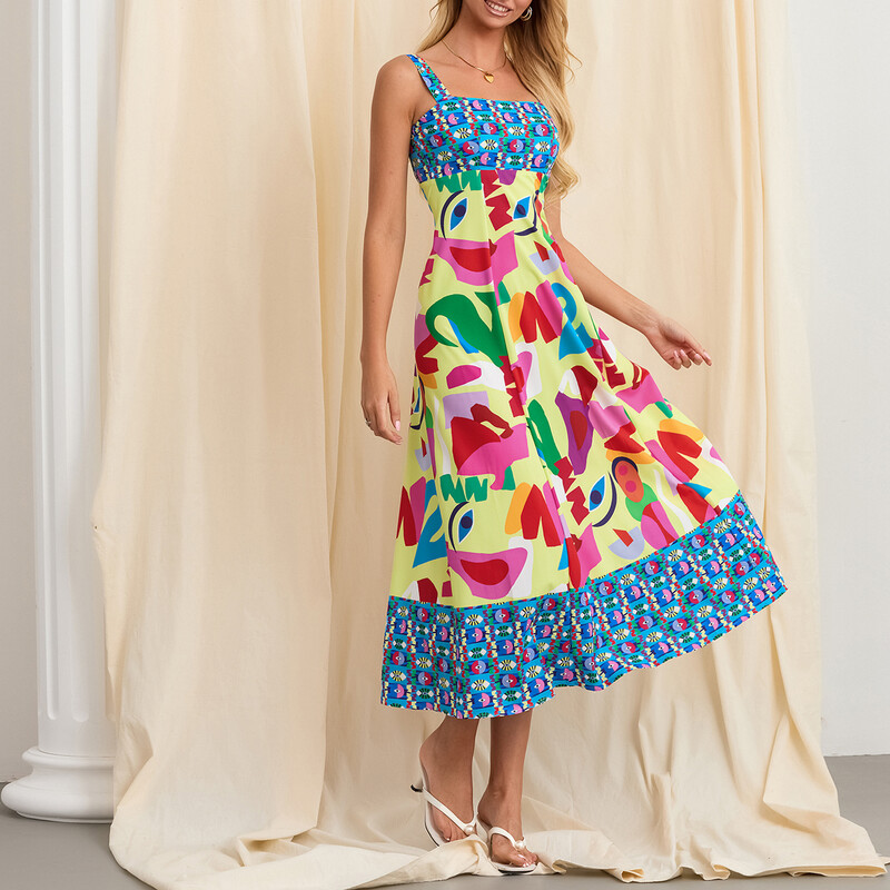 Naiste Boho pikk kleit Boheemlasmustriga varrukateta kandiline kaelus A-kujuline kleit pidulikule puhkusele lendlev rannakleit