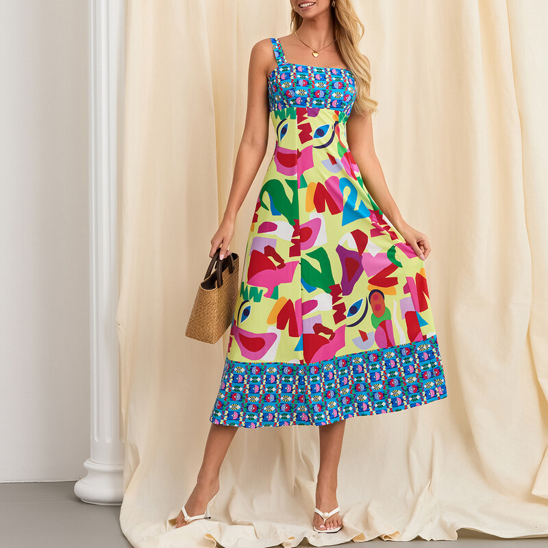 Naiste Boho pikk kleit Boheemlasmustriga varrukateta kandiline kaelus A-kujuline kleit pidulikule puhkusele lendlev rannakleit