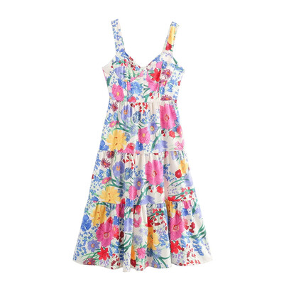 TRAF Print Midi γυναικείο φόρεμα φλοράλ με φερμουάρ Γυναικείο φόρεμα 2024 Καλοκαίρι Νέα μόδα Κομψά, καθημερινά γυναικεία ρούχα διακοπών