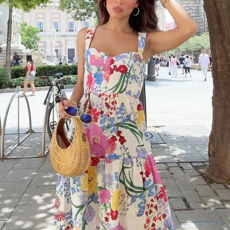 TRAF Print Midi γυναικείο φόρεμα φλοράλ με φερμουάρ Γυναικείο φόρεμα 2024 Καλοκαίρι Νέα μόδα Κομψά, καθημερινά γυναικεία ρούχα διακοπών