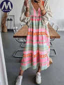 Elegantne naiste kleit 2024. aasta suvine uus Boheemlaslik trükitud laternaga varrukatega V-kaelusega kleit, moodne vabaajaline naiste kleidid