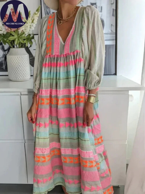 Elegantne naiste kleit 2024. aasta suvine uus Boheemlaslik trükitud laternaga varrukatega V-kaelusega kleit, moodne vabaajaline naiste kleidid