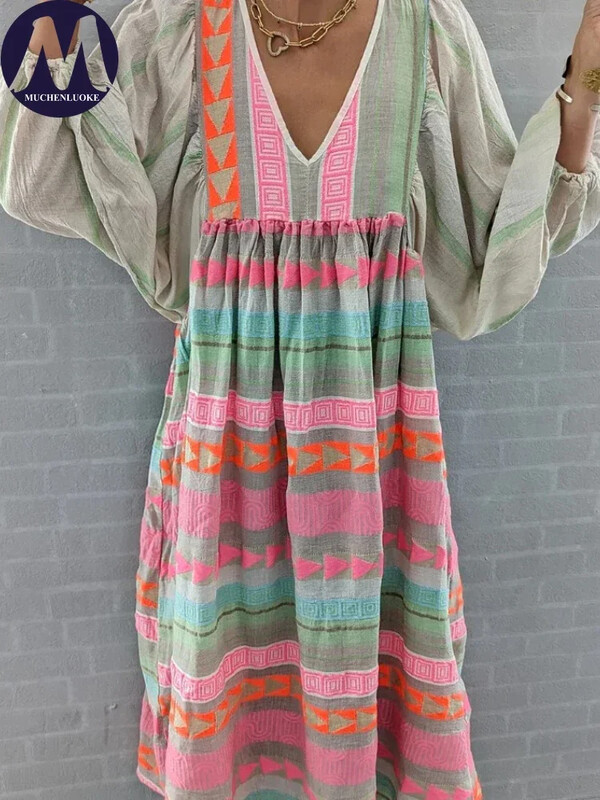 Elegantne naiste kleit 2024. aasta suvine uus Boheemlaslik trükitud laternaga varrukatega V-kaelusega kleit, moodne vabaajaline naiste kleidid