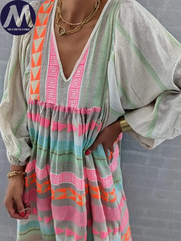 Elegantne naiste kleit 2024. aasta suvine uus Boheemlaslik trükitud laternaga varrukatega V-kaelusega kleit, moodne vabaajaline naiste kleidid