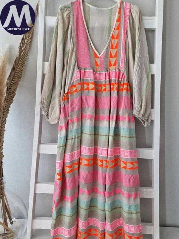 Elegantne naiste kleit 2024. aasta suvine uus Boheemlaslik trükitud laternaga varrukatega V-kaelusega kleit, moodne vabaajaline naiste kleidid