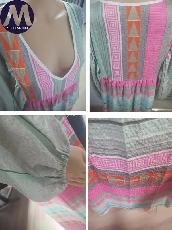 Elegantne naiste kleit 2024. aasta suvine uus Boheemlaslik trükitud laternaga varrukatega V-kaelusega kleit, moodne vabaajaline naiste kleidid