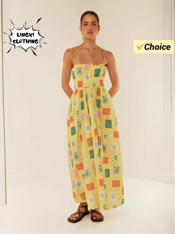 2024. aasta suvemood Seksikas rihmaga trükitud boheemlaste naiste pikk kleit pühade stiilis, ühe õlaga trükitud pikk kleit