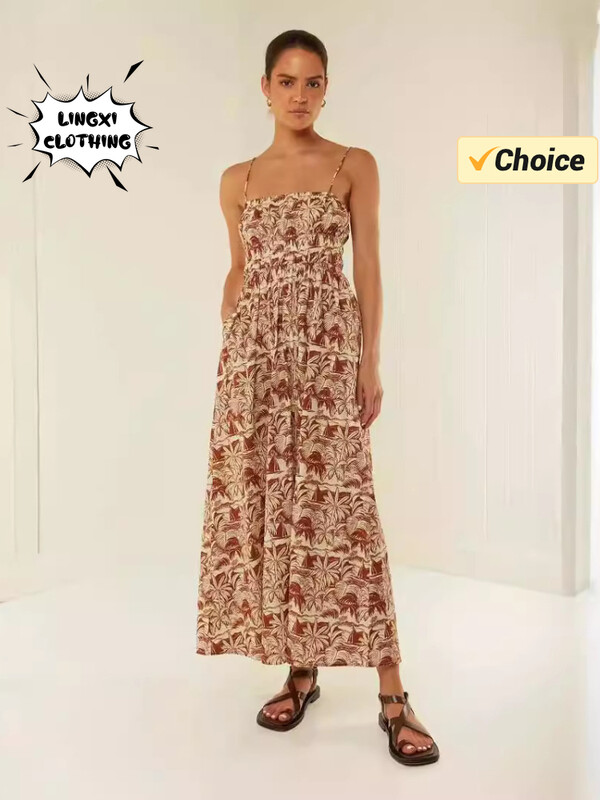 2024. aasta suvemood Seksikas rihmaga trükitud boheemlaste naiste pikk kleit pühade stiilis, ühe õlaga trükitud pikk kleit