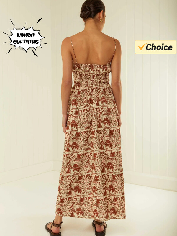 2024. aasta suvemood Seksikas rihmaga trükitud boheemlaste naiste pikk kleit pühade stiilis, ühe õlaga trükitud pikk kleit