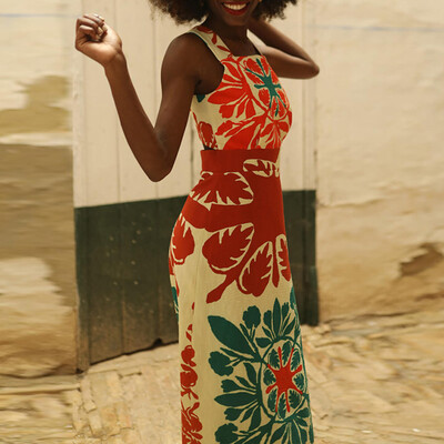 Μόδα με μοτίβο με στάμπα Λεπτό φόρεμα σε γραμμή Α Νέο καλοκαιρινό αμάνικο ψηλόμεσο μποέμ φόρεμα Σέξι μακρυά φορέματα με κούφιο εξώπλατο