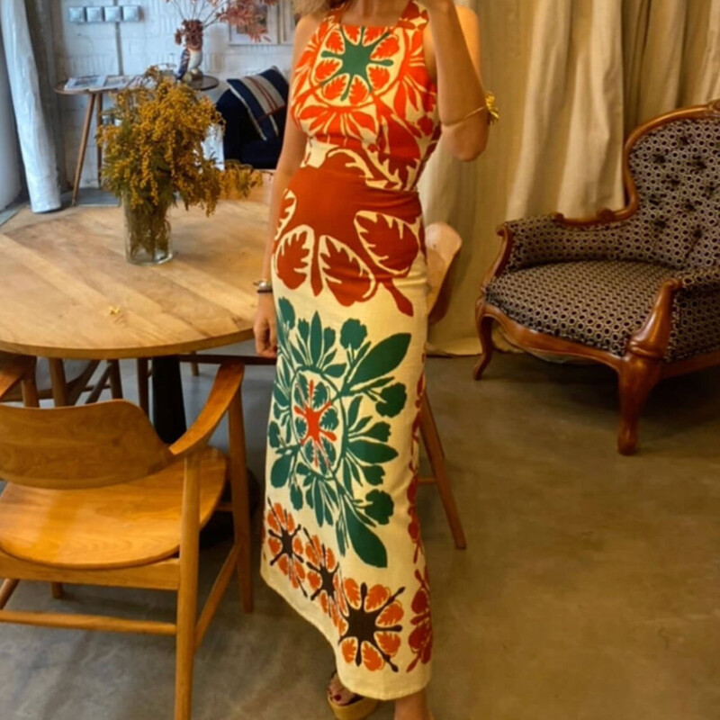 Μόδα με μοτίβο με στάμπα Λεπτό φόρεμα σε γραμμή Α Νέο καλοκαιρινό αμάνικο ψηλόμεσο μποέμ φόρεμα Σέξι μακρυά φορέματα με κούφιο εξώπλατο