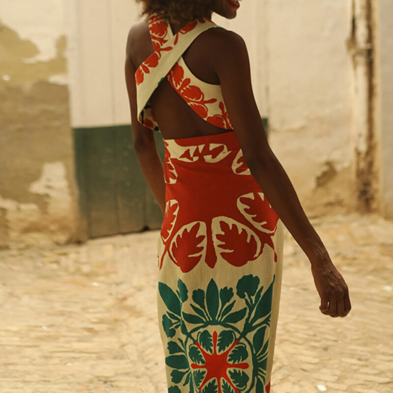 Μόδα με μοτίβο με στάμπα Λεπτό φόρεμα σε γραμμή Α Νέο καλοκαιρινό αμάνικο ψηλόμεσο μποέμ φόρεμα Σέξι μακρυά φορέματα με κούφιο εξώπλατο