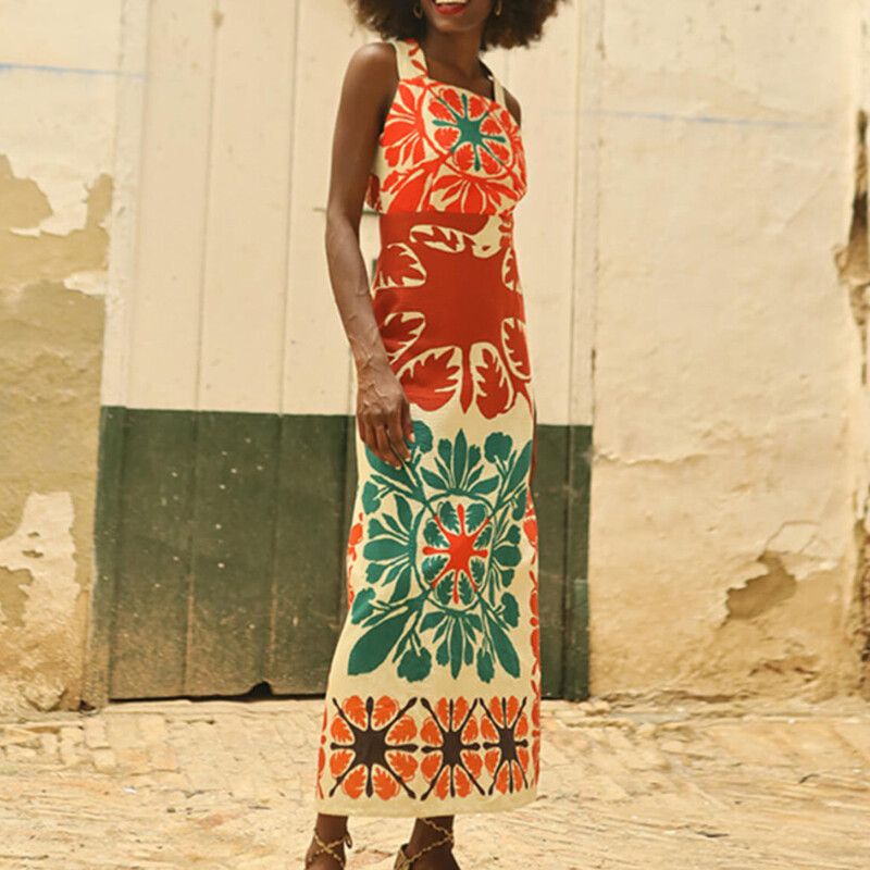Μόδα με μοτίβο με στάμπα Λεπτό φόρεμα σε γραμμή Α Νέο καλοκαιρινό αμάνικο ψηλόμεσο μποέμ φόρεμα Σέξι μακρυά φορέματα με κούφιο εξώπλατο
