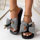 Sussid Naiste Houndstooth Bowknot Design Suvised sandaalid Suvised pehme põhjaga Lamedad Sussid Kontor Kodu Naiste Sussid Kingad