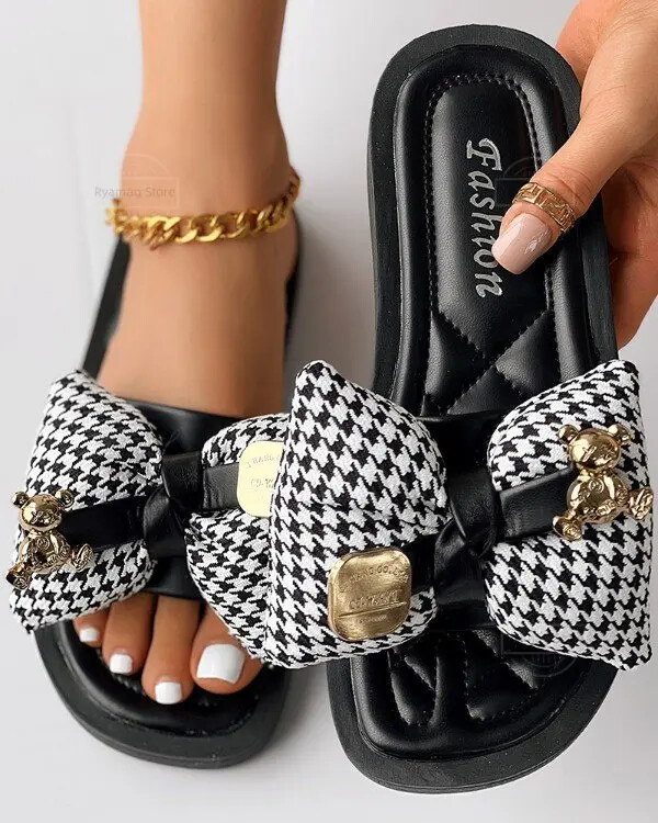 Papuče Ženske houndstooth Bowknot dizajn Ljetne sandale Ljetne mekane ravne papuče Uredske kuće Ženske papuče Cipele
