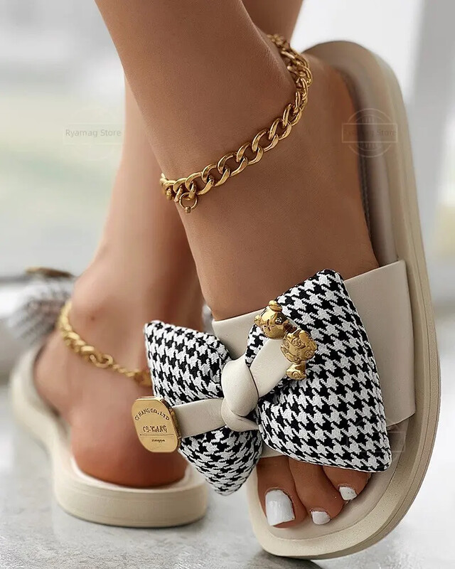 Papuče Ženske houndstooth Bowknot dizajn Ljetne sandale Ljetne mekane ravne papuče Uredske kuće Ženske papuče Cipele