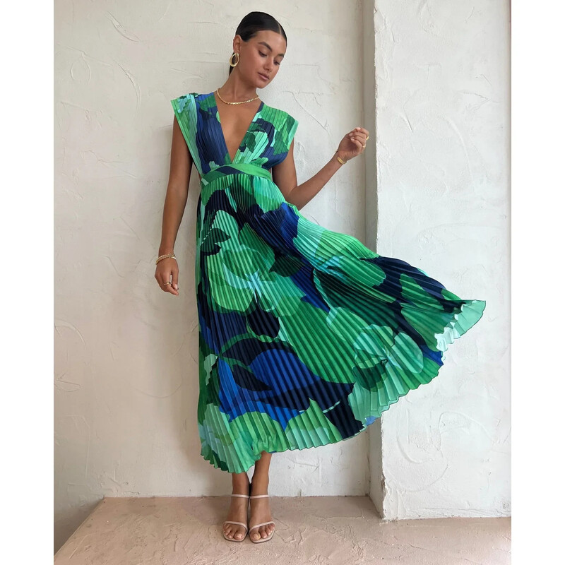 Naiste S-XL suurus Uus Euroopa ja Ameerika kevad/suvi plisseeritud varrukateta vabaajakleit INS avar naiste kleit puhkuseks