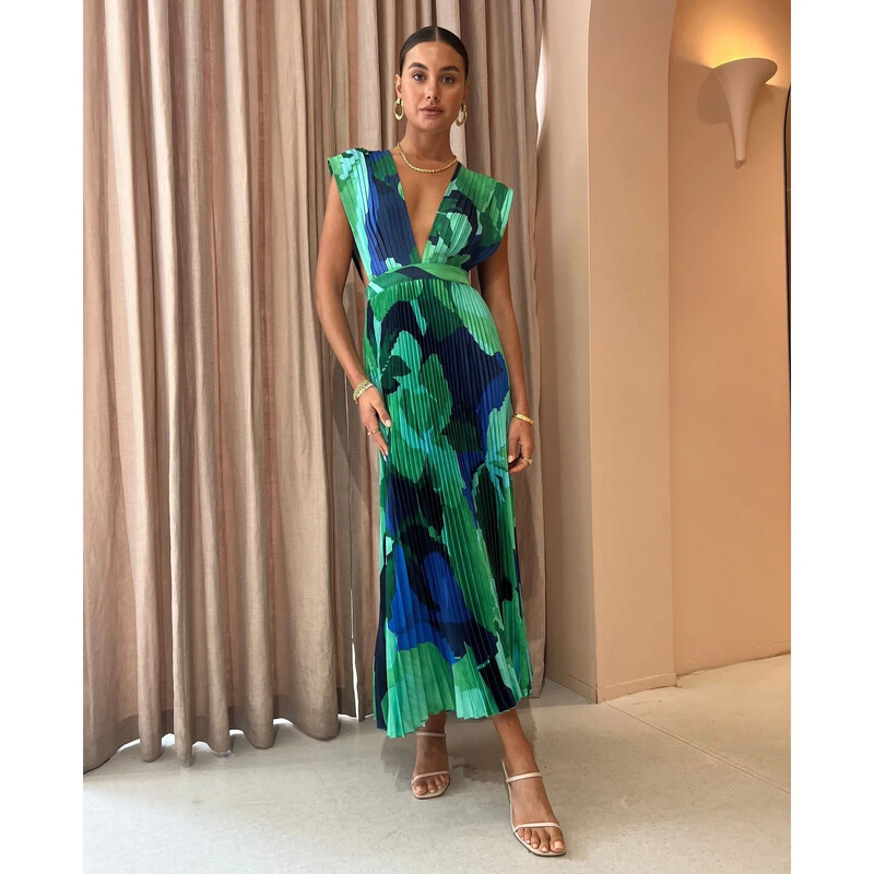 Naiste S-XL suurus Uus Euroopa ja Ameerika kevad/suvi plisseeritud varrukateta vabaajakleit INS avar naiste kleit puhkuseks