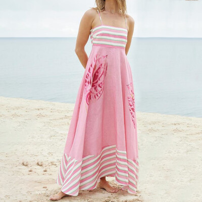 Naiste triibuline maksikleit, seljata Cami pikk kleit, spagetirihmaga, väljalõikega lendlev kleit, volangidega puhkusekleit