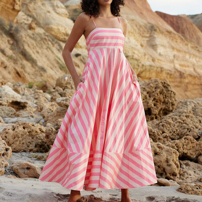 Naiste triibuline maksikleit, seljata Cami pikk kleit, spagetirihmaga, väljalõikega lendlev kleit, volangidega puhkusekleit