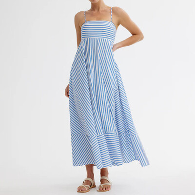 Naiste triibuline maksikleit, seljata Cami pikk kleit, spagetirihmaga, väljalõikega lendlev kleit, volangidega puhkusekleit