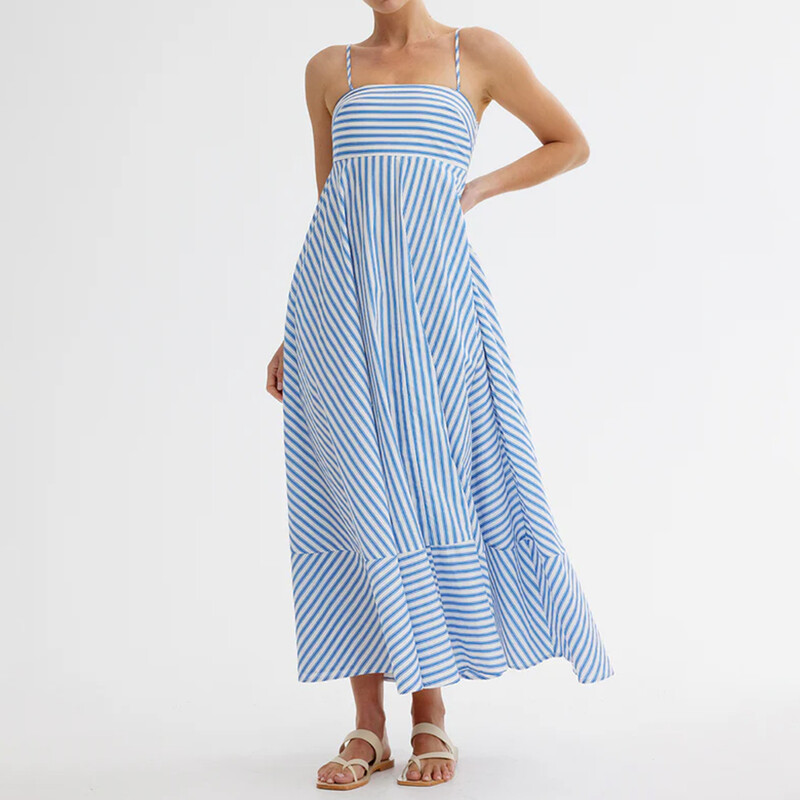 Naiste triibuline maksikleit, seljata Cami pikk kleit, spagetirihmaga, väljalõikega lendlev kleit, volangidega puhkusekleit