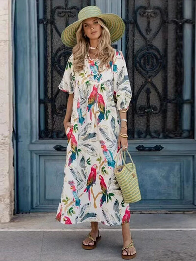 Μόδα στάμπα Boho Maxi Φόρεμα για Γυναικεία Vintage κοντό μανίκι O λαιμό γραφικό φαρδύ λουλούδι μακρύ φόρεμα 2024 Νέα γυναικεία ρόμπα