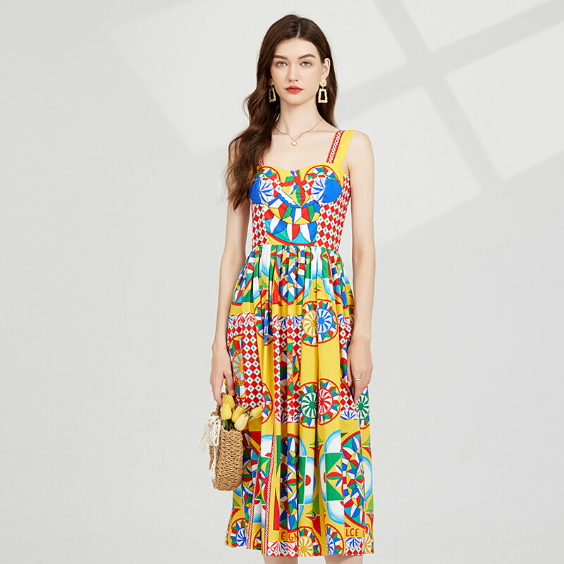 Vasaros atostogų spagečių dirželis ilga suknelė moteriška paminkštinta taurė Colorblock Print Užtrauktukas Elastingas Be nugaros paplūdimio Midi Vestidos