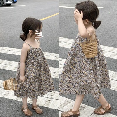 Kamizol haljina za djevojčice za ljeto Nova sling haljina za plažu Haljina u blagdanskom stiluDječja odjeća Retro haljina bez rukava s cvjetovima