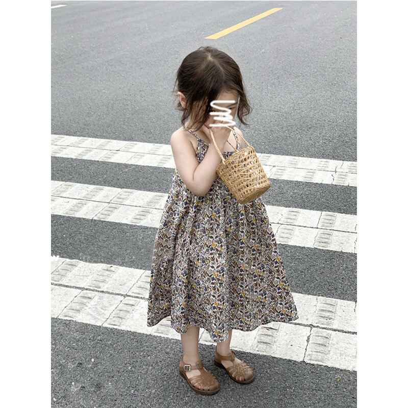 Kamizol haljina za djevojčice za ljeto Nova sling haljina za plažu Haljina u blagdanskom stiluDječja odjeća Retro haljina bez rukava s cvjetovima