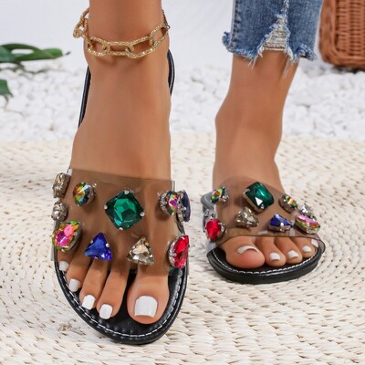 Moteriškos plokščios šlepetės, 2024 m. Naujos vasaros lauko atviros basutės Paplūdimio madingos moteriškos prabangios Kalnų krištolinio dizaino moteriškos šlepetės