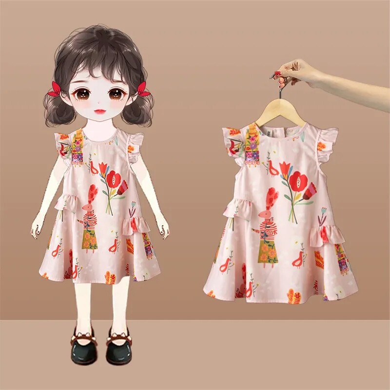 Bear Leader Lastekleidid Tüdrukutele Puidust kõrvarõngad Varrukateta Trükitud Kleit Suvine Igapäevane Vabaaja Stiilis Beebitüdrukute Riietus