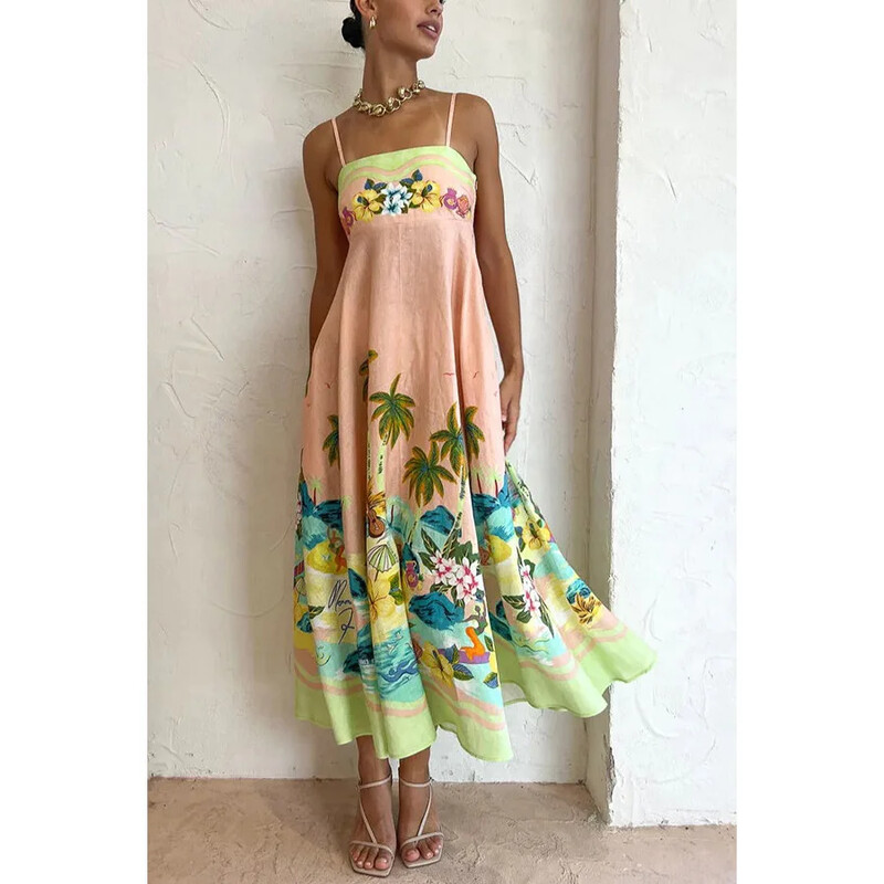 Naiste S-XL Suurus Uus Euroopa ja Ameerika kevad/suvine kammisooltrükiga vabaajakleit INS avar kõrge vöökohaga puhkusekleit