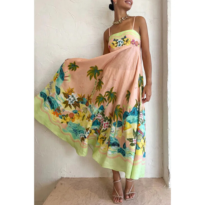 Naiste S-XL Suurus Uus Euroopa ja Ameerika kevad/suvine kammisooltrükiga vabaajakleit INS avar kõrge vöökohaga puhkusekleit