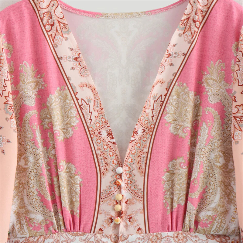 Καλοκαίρι 2024 Νέο προϊόν Γυναικεία Μόδα Casual Slim Fit με λαιμόκοψη V με μακρυμάνικο εμπριμέ φόρεμα