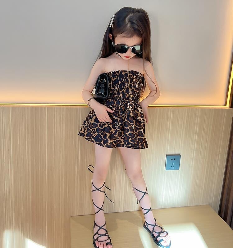 Ljetna haljina za djevojčice Majica bez rukava za tinejdžere Dječja odjeća Dječja odjeća Modna nabrana leopard print bez ramena 4-14Y